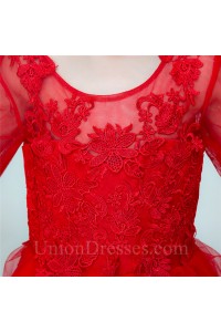 Lovely A Line Scoop Neck Red Tulle Lace Little Girl Dress With Sleeves