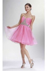 Lovely Strapless Mini Pink Tulle Beaded Cocktail Prom Dress