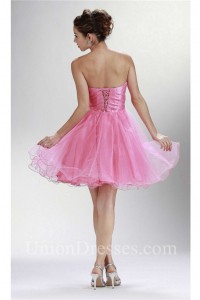 Lovely Strapless Mini Pink Tulle Beaded Cocktail Prom Dress