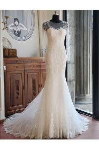 Memraid Illusion Neckline Long Sleeve Lace Beaded Wedding Dress With Buttons