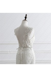 Mermaid High Neck Low Back Lace Beaded Wedding Dress With Crystals Belt
