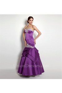Mermaid Strapless Purple Satin Applique Evening Prom Dress