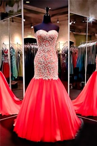 Mermaid Sweetheart Red Tulle Gold Lace Applique Beaded Prom Dress Corset Back