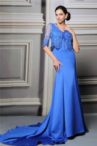 Mermaid V Neck Royal Blue Satin Mother Of The Bride Evening Dress With Lace Sleeve Jacket