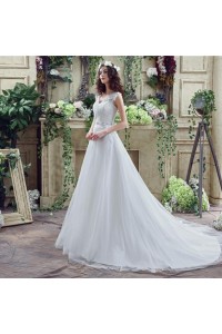 Modest A Line V Neck Tulle Lace Applique Wedding Dress With Crystals Sash