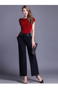 Modest Cap Sleeve Black And Burgundy Jersey Evening Jumpsuit With Pockets