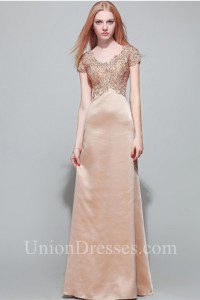 Modest Mermaid V Neck Empire Waist Champagne Satin Lace Beaded Evening Dress With Sleeves