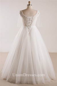 Princess V Neck Empire Waist Tulle Sleeve Plus Size Wedding Dress No Train