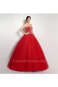Puffy Ball Gown Strapless Red Tulle Beaded Corset Prom Dress