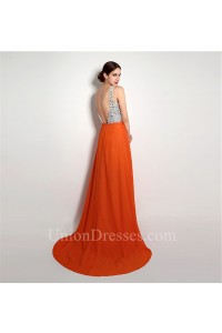 Sexy A Line V Neck Backless High Slit Long Orange Chiffon Beaded Prom Dress