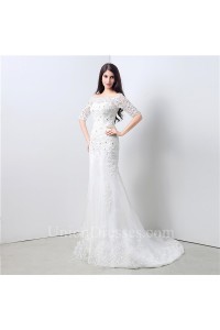 Sexy Mermaid Off The Shoulder Short Sleeve Lace Beaded Wedding Dress Corset Back