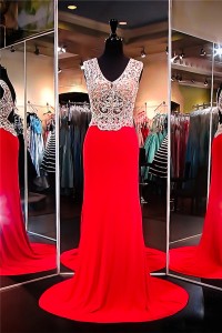 Sexy V Neck Open Back Long Red Jersey Sheer Nude Tulle Beaded Prom Dress