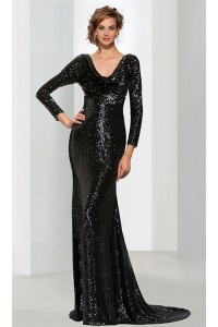 Sheath Scoop Cowl Neck Full Back Long Sleeve Black Sequin Evening Dress