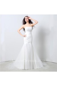 Simple Mermaid Strapless Ruched Tulle Wedding Dress Lace Up Back
