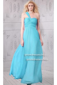 Simple One Shoulder Long Turquoise Chiffon Flowing Bridesmaid Prom Dress