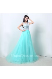 Stunning A Line Mint Green Tulle White Lace Prom Dress With Buttons