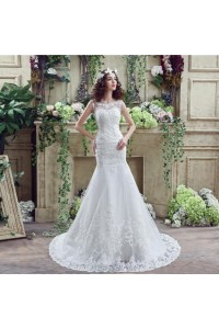 Trumpet Mermaid Scalloped Neck Lace Wedding Dress With Buttons