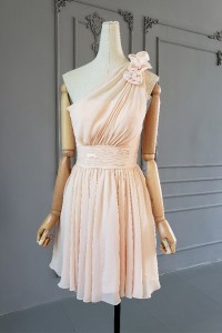 Classic A Line One Shoulder Short Peach Chiffon Ruched Bridesmaid Dress With Flower