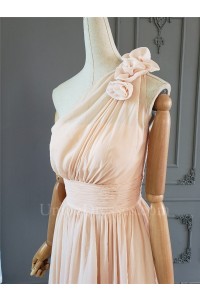 Classic A Line One Shoulder Short Peach Chiffon Ruched Bridesmaid Dress With Flower