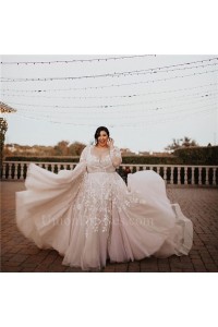 Gorgeous Plus Size A Line Illusion Neckline Long Sleeves Beaded Wedding Dress With Train