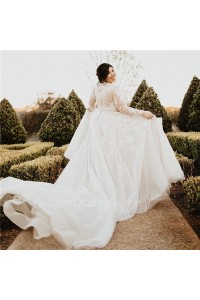 Gorgeous Plus Size A Line Illusion Neckline Long Sleeves Beaded Wedding Dress With Train