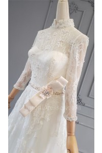 Modest A Line Long Ivory Lace Bow Pearl Beaded Wedding Dress High Neck 3 4 Sleeves