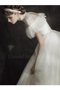 Modest Ball Gown High Neck Corset Cap Sleeve Keyhole In Back Lace Tulle Wedding Dress 