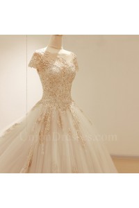 Modest Ball Gown Scoop Corset Cap Sleeve Beaded Lace Tulle Wedding Dress