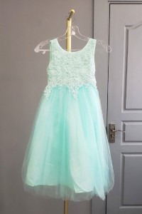 Princess A Line Scoop Aqua Lace Tulle Pearl Beaded Flower Girl Dress With Sash