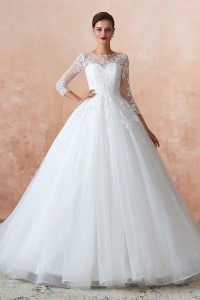 Princess Tulle Lace Wedding Dress With 3 4 Sleeves High Neck