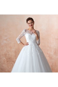 Princess Tulle Lace Wedding Dress With 3 4 Sleeves High Neck