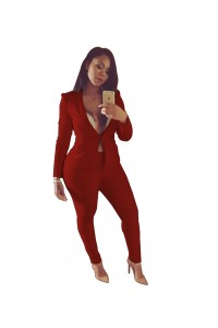 Sexy Red Long Sleeve Club Two Piece Women Suit