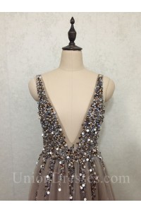Sexy Deep V Neck Low Back Long Taupe Tulle Beaded Prom Dress With Slit