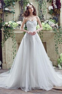 Sparkly A Line Strapless Lace Beaded Crystal Wedding Dress