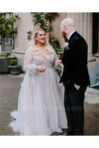 Stunning A Line V Neck Long Sleeves Open Back Beaded Plus Size Wedding Dress Without Lace
