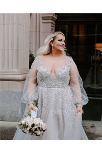 Stunning A Line V Neck Long Sleeves Open Back Beaded Plus Size Wedding Dress Without Lace