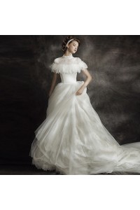 Modest Ball Gown High Neck Corset Cap Sleeve Keyhole In Back Lace Tulle Wedding Dress 