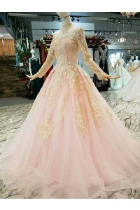 Modest Ball Gown High Neck Long Sleeve Corset Beaded Gold Lace Pink Tulle Wedding Dress 
