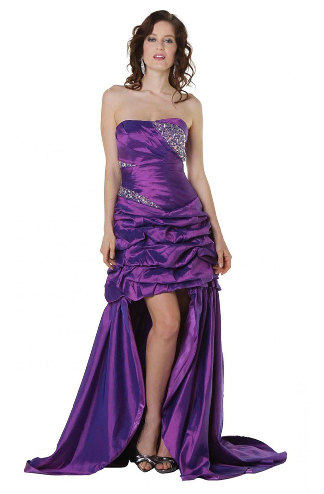 Elegant Strapless High Low Purple Taffeta Ruched Prom