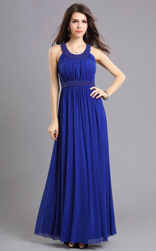 Sheath Scoop Neck Long Royal Blue Chiffon Beaded Prom Dress With Straps