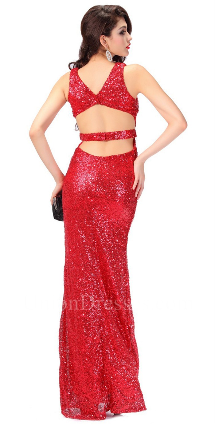 Sheath Open Back Two Piece Long Red Jersey Beaded Evening 