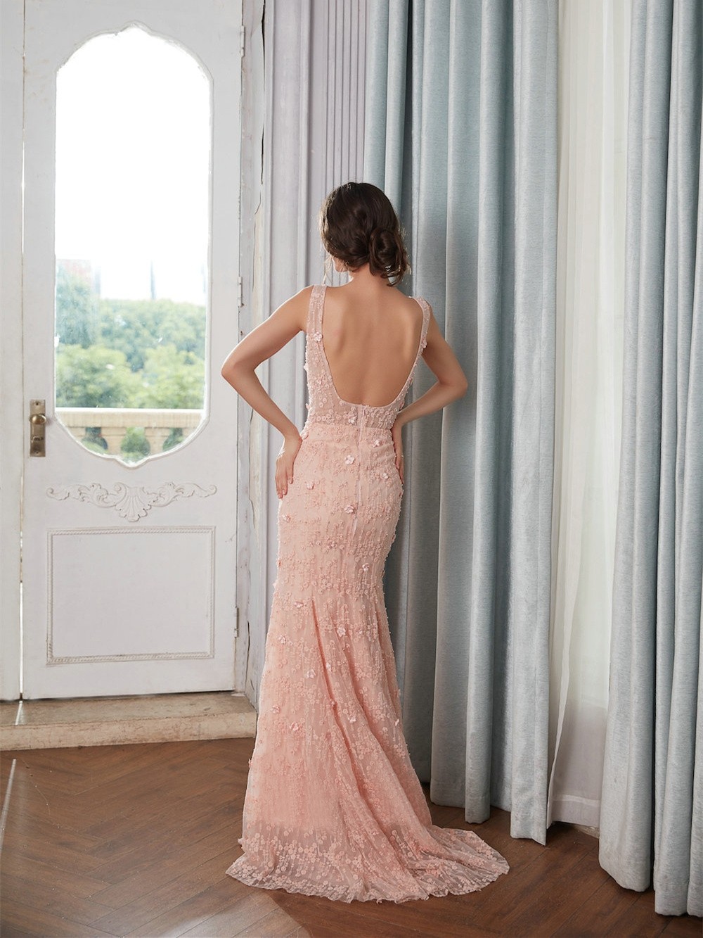 Mermaid Square Neck Backless Blush Pink Colored Lace